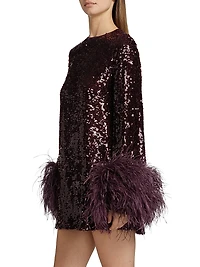 Feather Trim Sequin Long-Sleeve Minidress