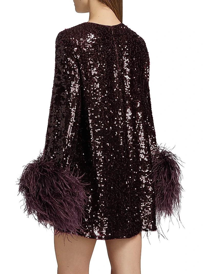 Feather Trim Sequin Long-Sleeve Minidress