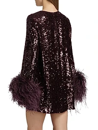 Feather Trim Sequin Long-Sleeve Minidress