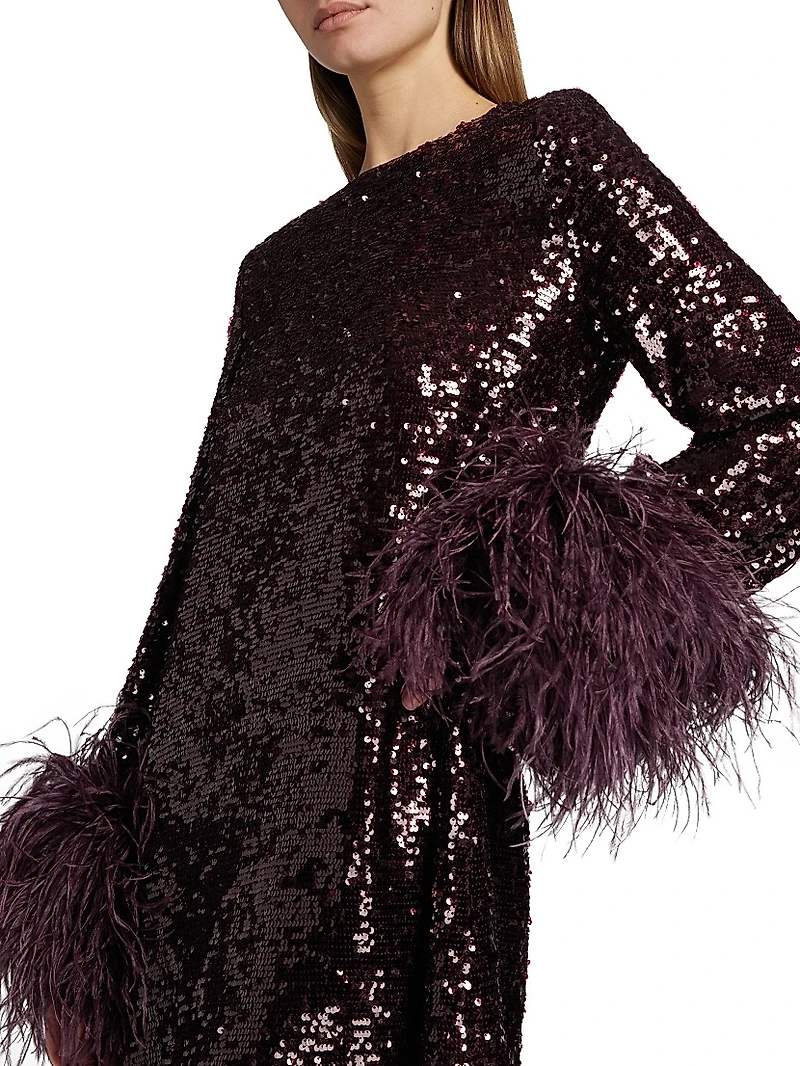 Feather Trim Sequin Long-Sleeve Minidress