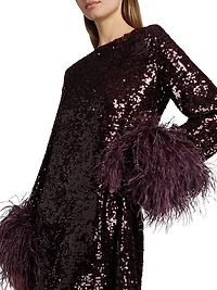 Feather Trim Sequin Long-Sleeve Minidress