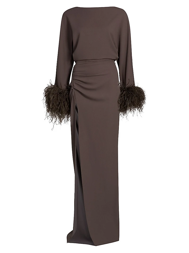 Feather Trim Crepe Long-Sleeve Maxi Dress