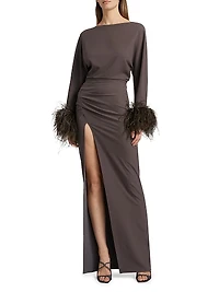 Feather Trim Crepe Long-Sleeve Maxi Dress