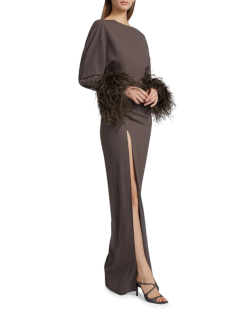 Feather Trim Crepe Long-Sleeve Maxi Dress