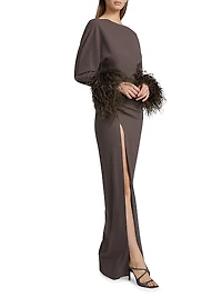 Feather Trim Crepe Long-Sleeve Maxi Dress