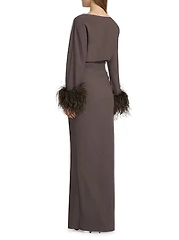 Feather Trim Crepe Long-Sleeve Maxi Dress