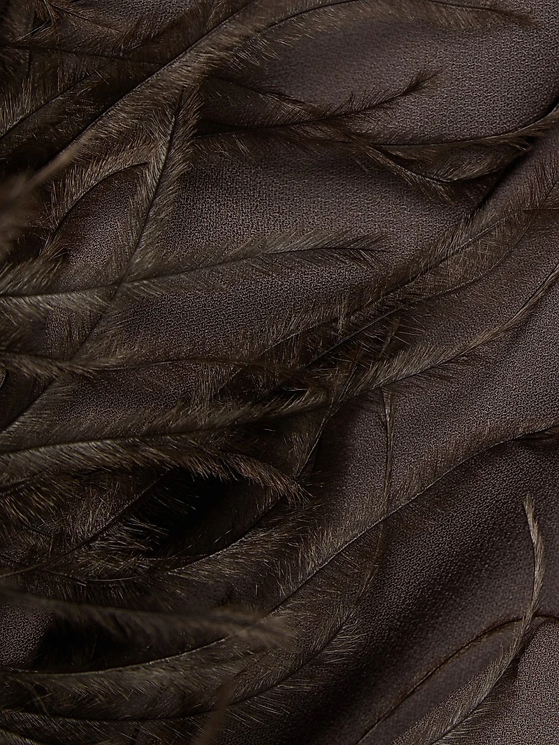 Feather Trim Crepe Long-Sleeve Maxi Dress