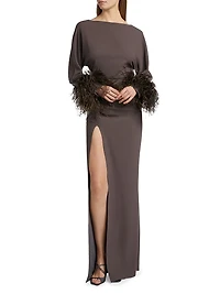 Feather Trim Crepe Long-Sleeve Maxi Dress