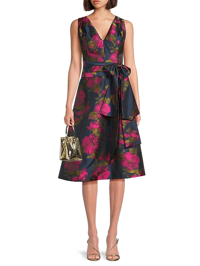 Elisa Pleated Floral Taffeta Cocktail Dress