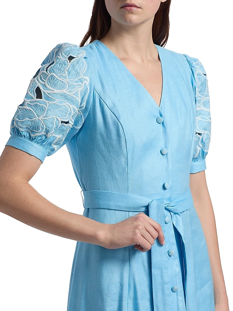 The Jade Linen Embroidered Midi-Dress