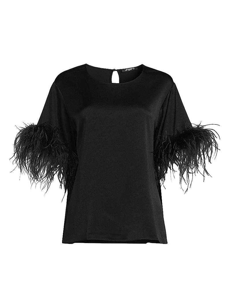 Aria Feather-Trim Satin Blouse