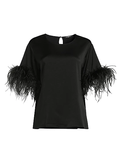 Aria Feather-Trim Satin Blouse