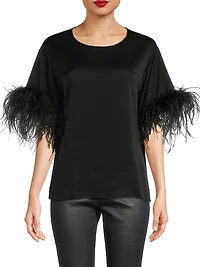 Aria Feather-Trim Satin Blouse