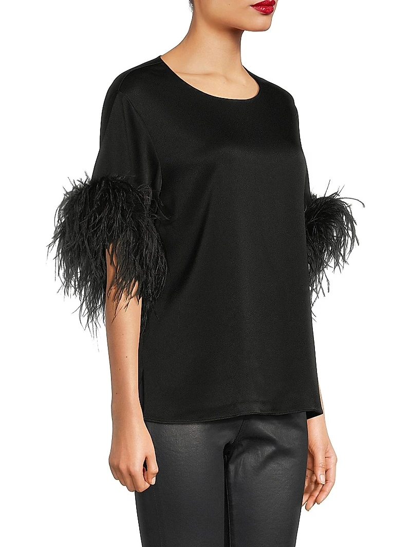 Aria Feather-Trim Satin Blouse
