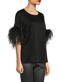 Aria Feather-Trim Satin Blouse