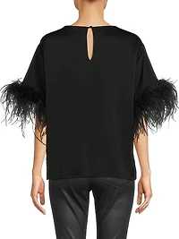Aria Feather-Trim Satin Blouse