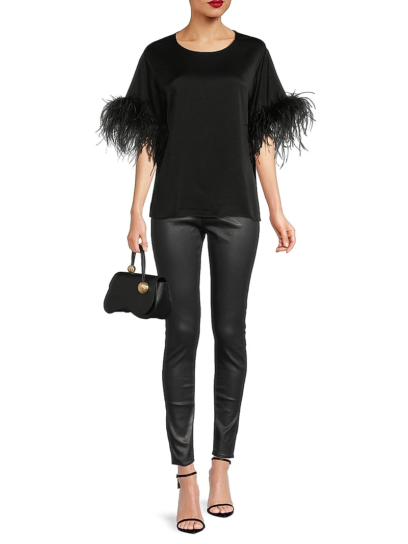 Aria Feather-Trim Satin Blouse