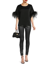 Aria Feather-Trim Satin Blouse