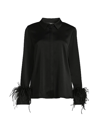 Luna Feather-Cuff Satin Blouse