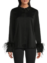 Luna Feather-Cuff Satin Blouse