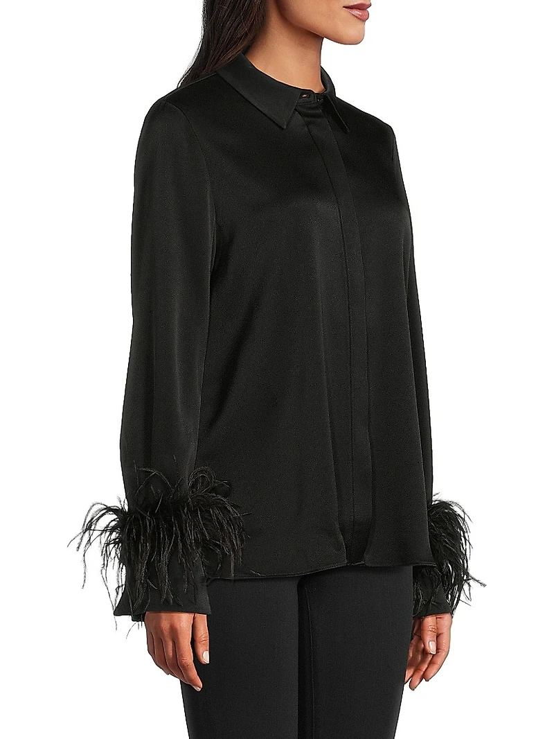 Luna Feather-Cuff Satin Blouse