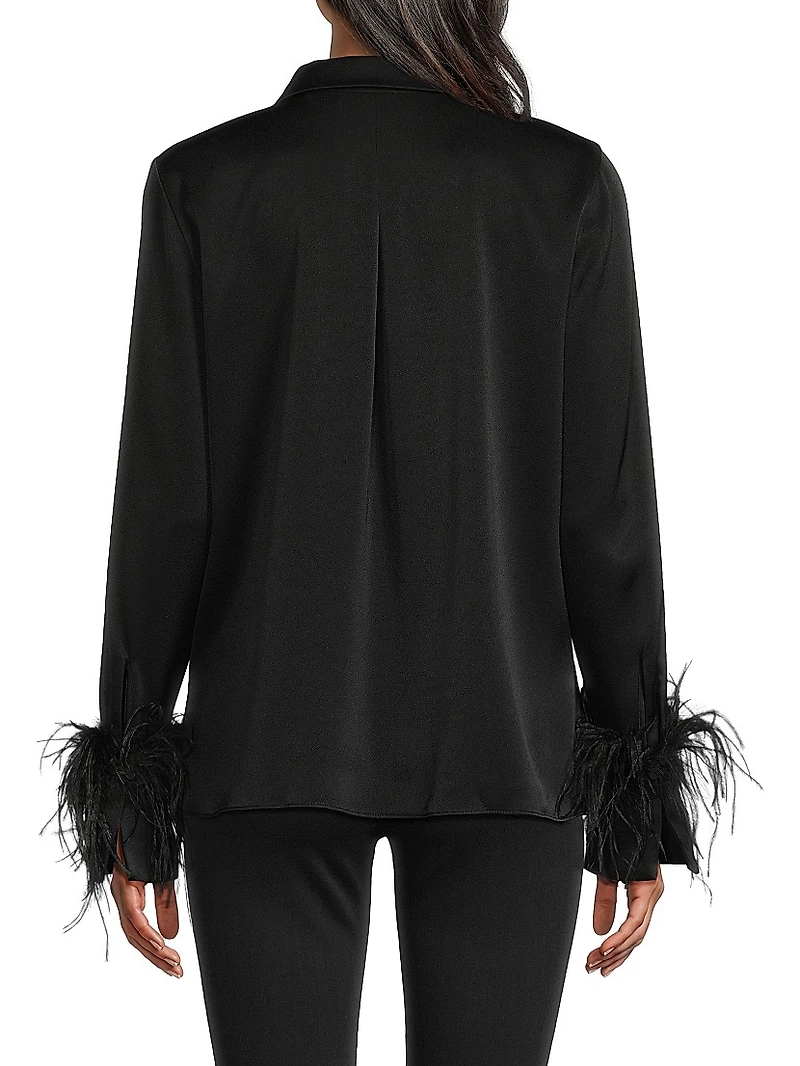 Luna Feather-Cuff Satin Blouse