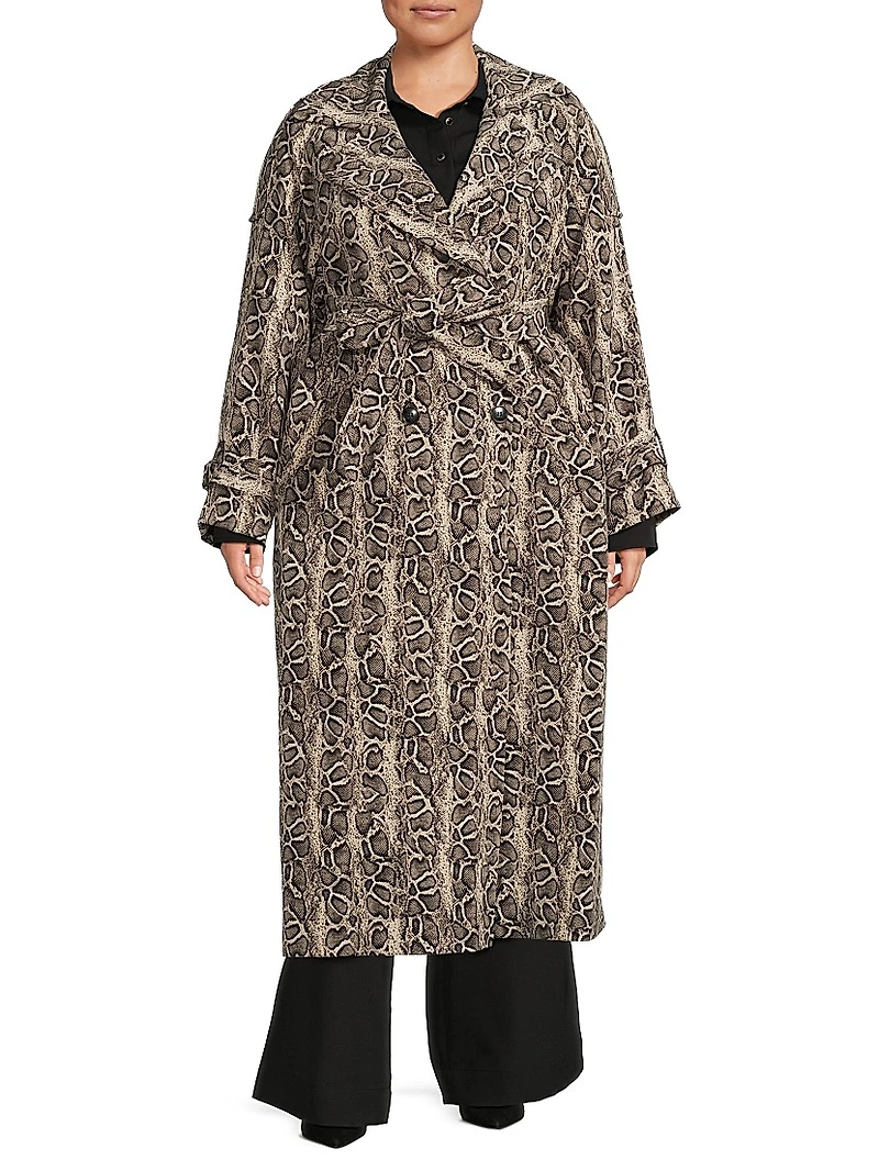 Aria Python-Print Double-Breasted Trench Coat