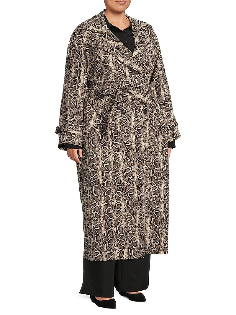 Aria Python-Print Double-Breasted Trench Coat