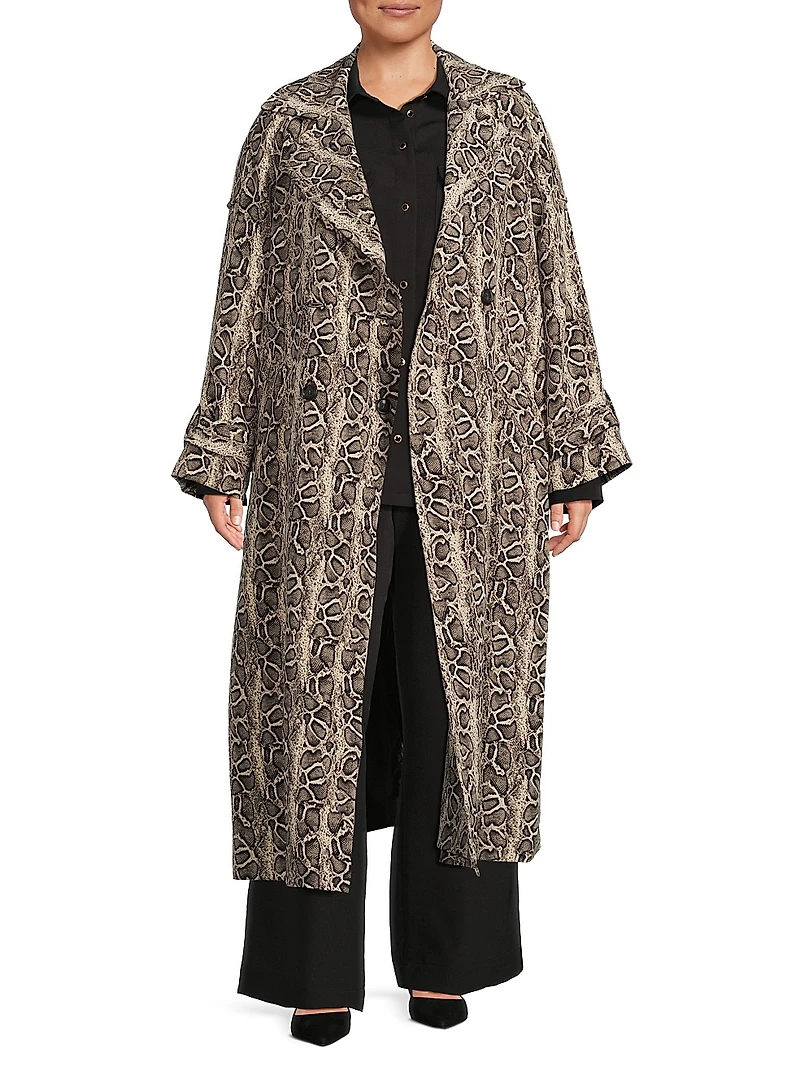 Aria Python-Print Double-Breasted Trench Coat