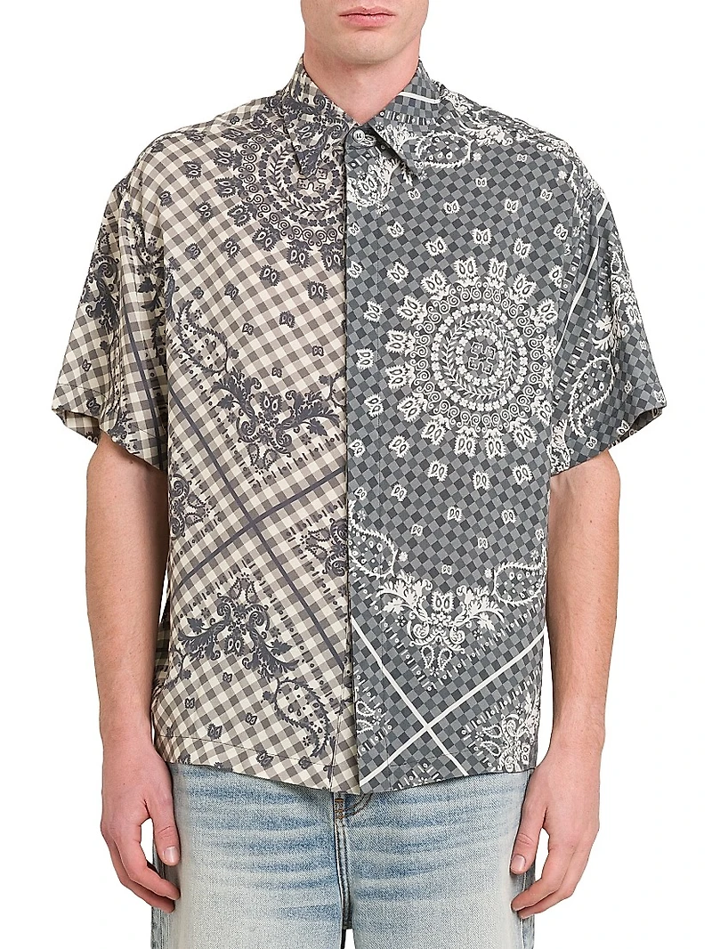 Split Gingham Bandana Short-Sleeve Shirt