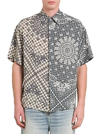 Split Gingham Bandana Short-Sleeve Shirt