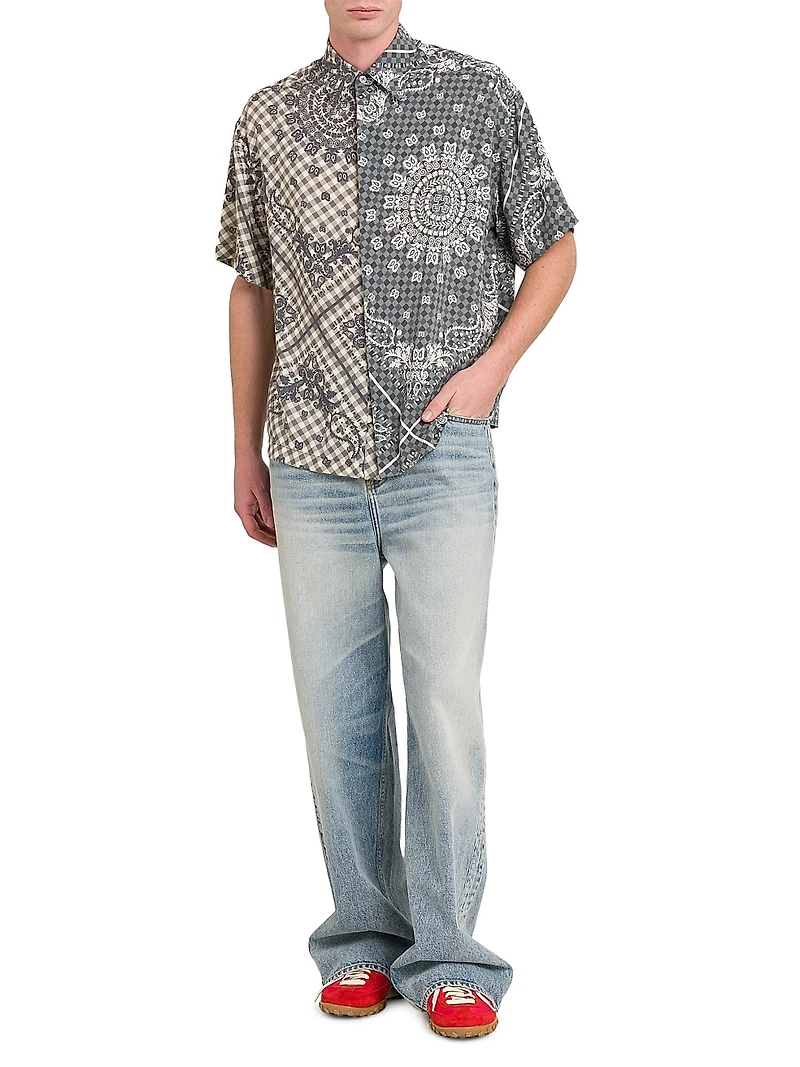 Split Gingham Bandana Short-Sleeve Shirt