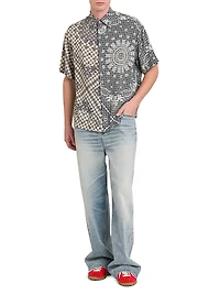 Split Gingham Bandana Short-Sleeve Shirt