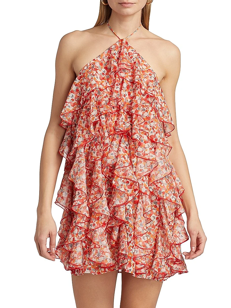 Gabriella Printed Ruffled Halterneck Minidress