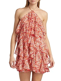 Gabriella Printed Ruffled Halterneck Minidress