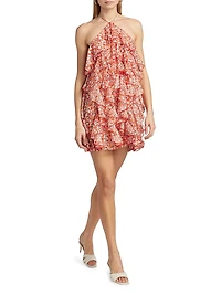 Gabriella Printed Ruffled Halterneck Minidress