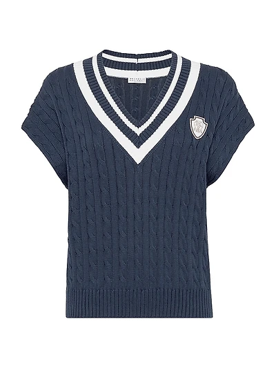 Cotton Cable Knit T-Shirt with Logo