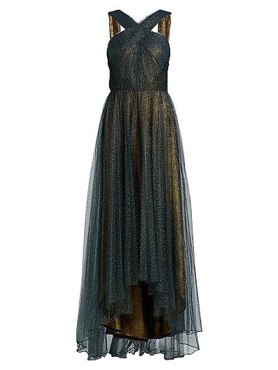 Linda Sunburst Pleated Lace High-Low Gown