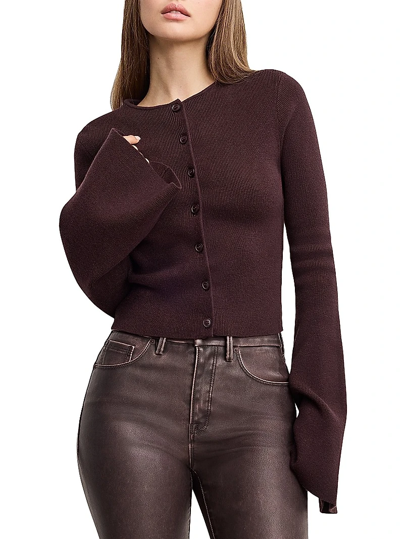 Crewneck Rib-Knit Bell-Sleeve Cardigan