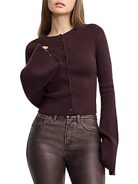 Crewneck Rib-Knit Bell-Sleeve Cardigan