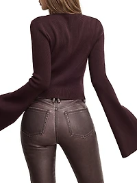 Crewneck Rib-Knit Bell-Sleeve Cardigan