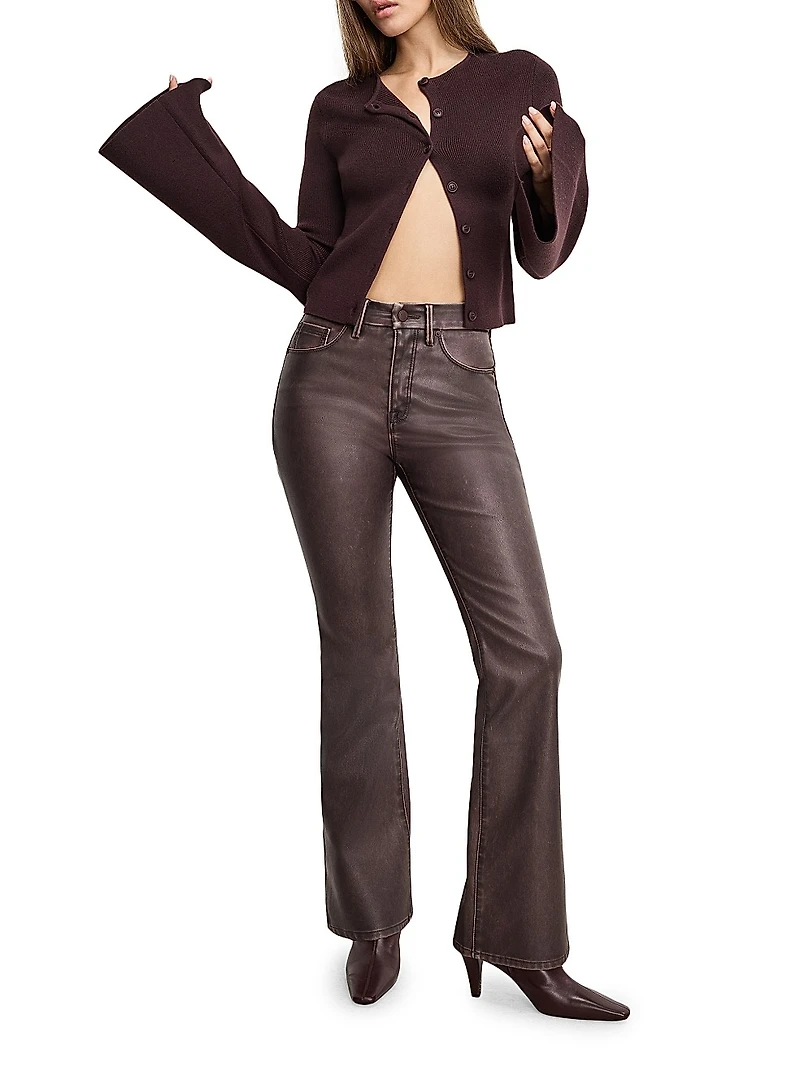 Crewneck Rib-Knit Bell-Sleeve Cardigan