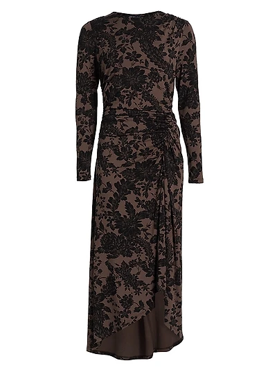 Theodora Printed Ruched Midi-Dress