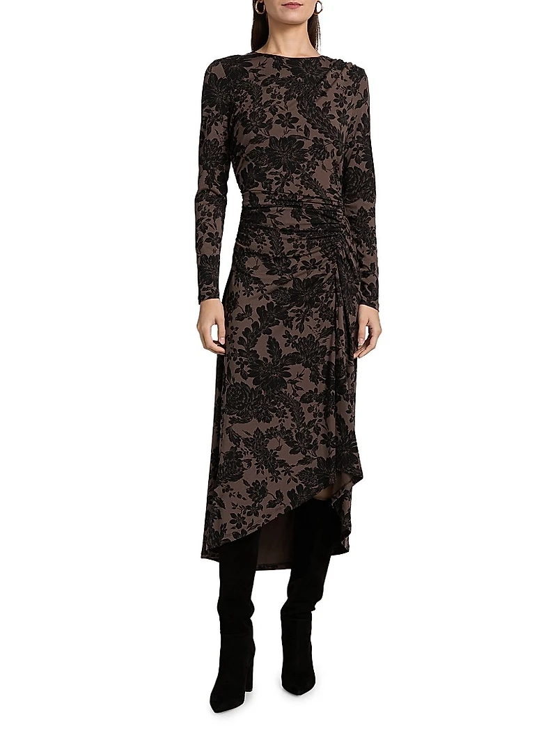 Theodora Printed Ruched Midi-Dress