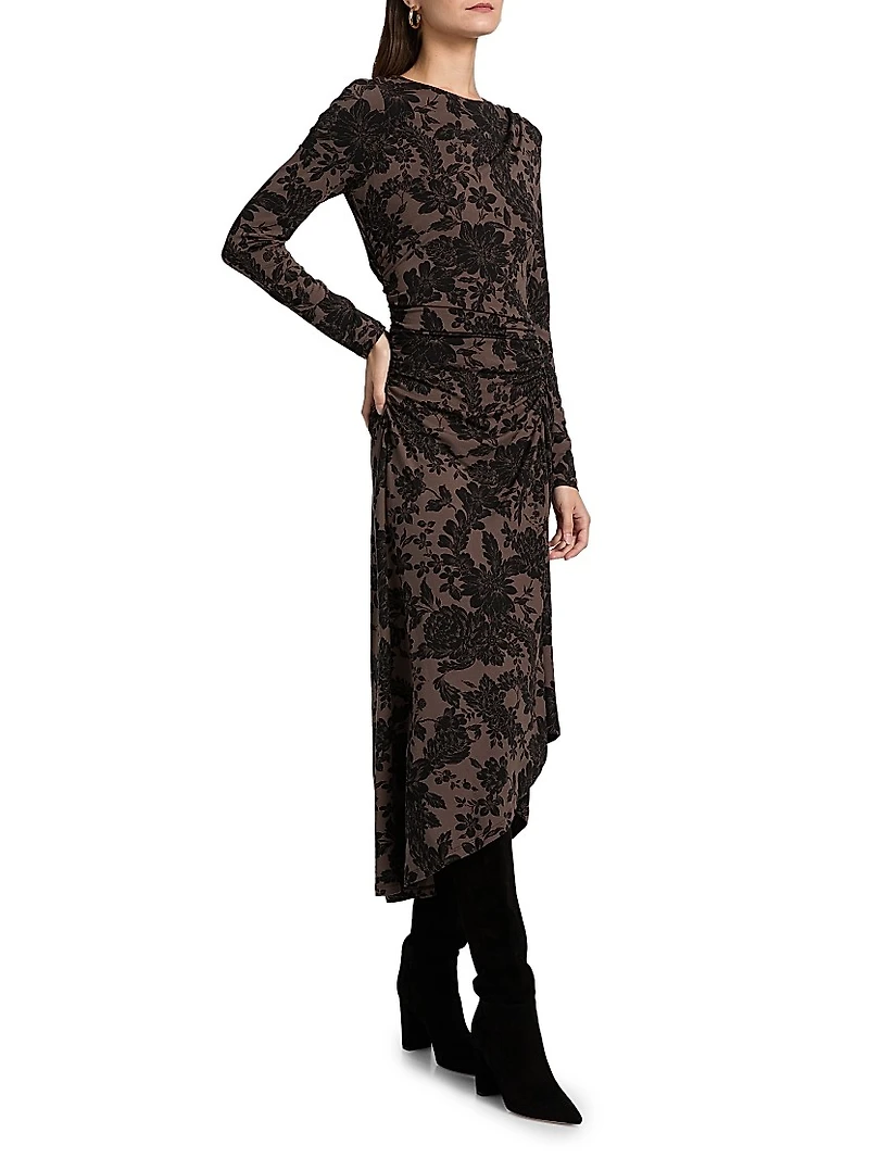 Theodora Printed Ruched Midi-Dress