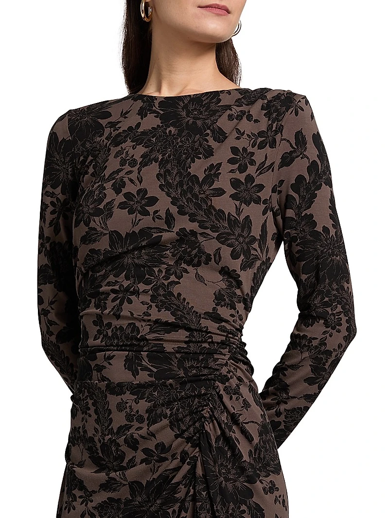 Theodora Printed Ruched Midi-Dress
