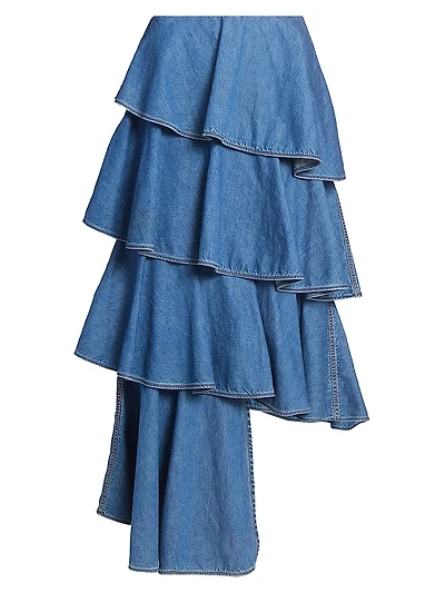 Spiral Denim Tiered Maxi Skirt