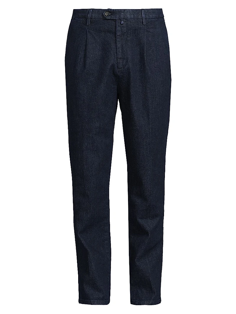 Stretch Cotton Denim Pleated Trousers