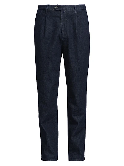 Stretch Cotton Denim Pleated Trousers
