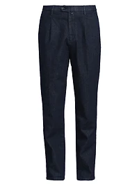 Stretch Cotton Denim Pleated Trousers